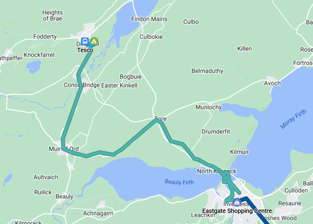 map with route marke, Inverness to Dingwall.