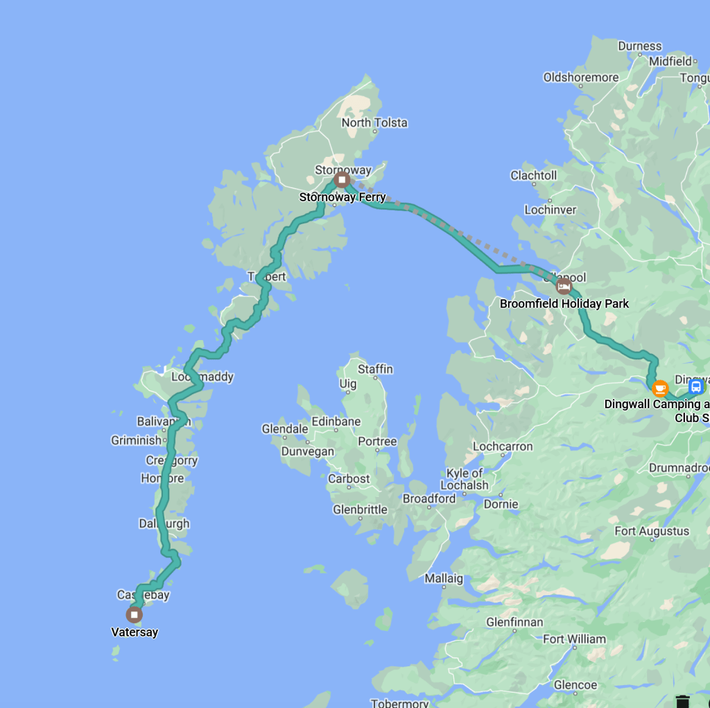 Map showing cycle route of Western Isles to ullapool and Inverness.